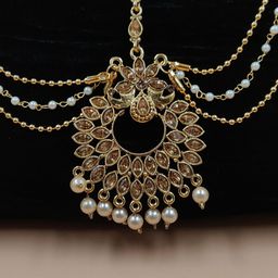 JYONA Gold-Plated Kundan Stones Studded & Pearls Beaded Matha Patti Head Jewellery-image-29