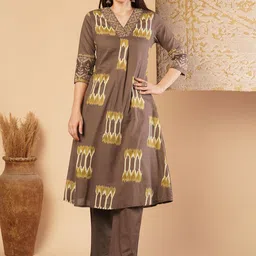 FASHOR Printed V-Neck Pure Cotton A-Line Tunic & Trousers-image-31