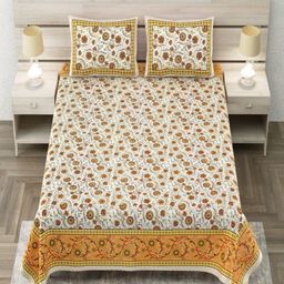 Aapno Rajasthan Yellow Ethnic Motifs 144 TC King Bedsheet with 2 Pillow Covers-image-62