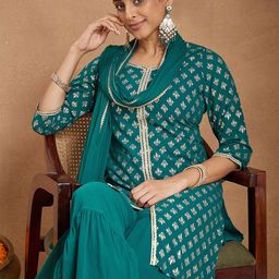 Janasya Women Teal Green Georgette Embellished Gold Printed Straight Kurta with Sharara & Dupatta-picture-12
