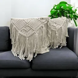 LUSHLYF Macrame Off White 2 Pieces Ethnic Motifs Embroidered Cotton Square Cushion Covers-image-34