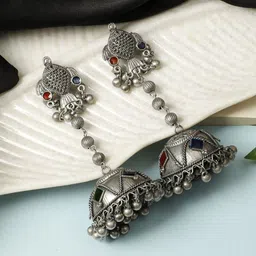 VIVAZS Silver-Plated Stone Studded Dome Shaped Jhumkas-30