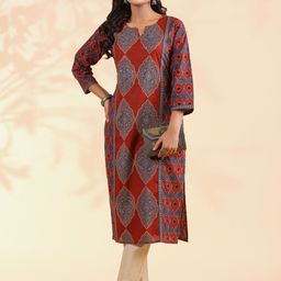 KALINI Ethnic Motifs Printed Notch Neck Sequinned Cotton Straight Kurta-image-75