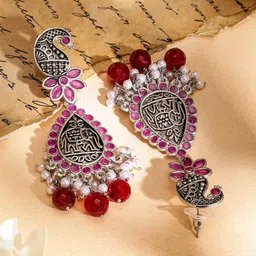 Rubans Oxidised Silver-Plated Peacock Motif Pink Stone & Pearl Beaded Earrings image 2