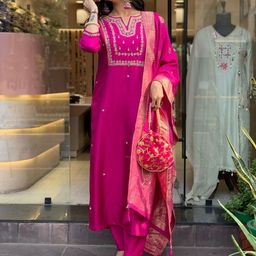 KALINI Floral Embroidered Thread Work Straight Kurta With Trousers & Dupatta-image-98