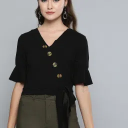 Casual Bell Sleeves Solid Women Black Top-image-67