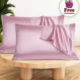 sunvibe Pink 400 TC Silk 2 Pillow Cover With 3 Assorted Scrunchie Free-picture-3