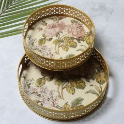 creative art Brass Golden Floral Print Color Round Tray (Microwave Safe) PACK OF 2 Tray Tray Serving Set image 2