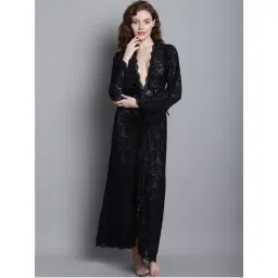 Shararat Womens Lace Ankle Length Babydoll Dress Nightwear Lingerie - Black (Set of 3)-picture-24