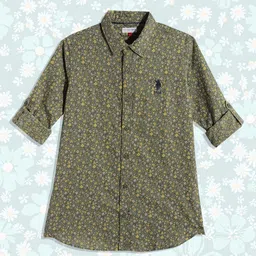 U.S. Polo Assn. Kids Boys Olive Green Floral Opaque Printed Linen Cotton Casual Shirt-image-65