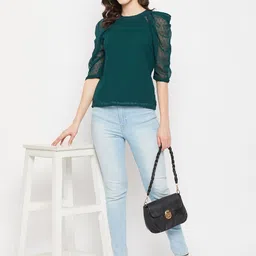WineRed Self Design Puff Sleeves Regular Top image 4