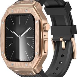UniqTry Metal Protective Rugged Tough Protective Steel Case with Silicone Band Compatible with Apple Watch Bands 45mm 44mm iWatch Series 9 8 7 6 5 4 SE image 1