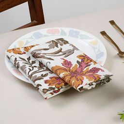 TARAN LIVING Brown & White 4 Pieces Floral Printed Cotton Dinner Table Napkins-image-64