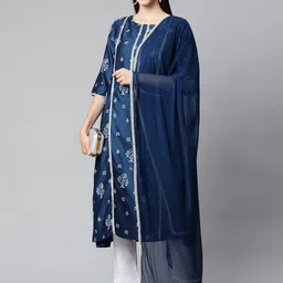 Ginni Arora Label Women Navy Blue Ethnic Motifs Printed Kurta with Trousers & With Dupatta-image-4