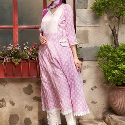 Sangria Lavender Printed Angrakha A-Line Kurta with Palazzos & Dupatta image 3