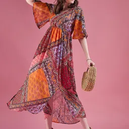 DressBerry Ethnic Motifs Print Flared Sleeve Chiffon Empire Maxi Dress-image-1