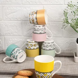 Femora Set of 6 Yellow & White Geometric Printed Bone China Glossy Tea Cups 160 ml Each-14