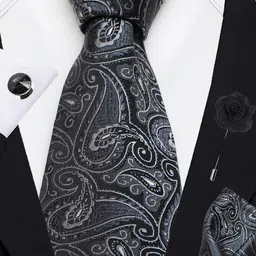 AXLON Men Printed Tie Set With Pocket Square, Cufflink & Flower Pin image 4