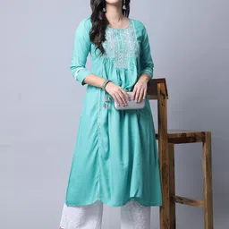 Rajnandini Women Blue & White Embroidered Mirror Work A-Line Kurta-picture-54
