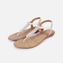 Anouk White Embellished T-Strap Flats With Backstrap image 2