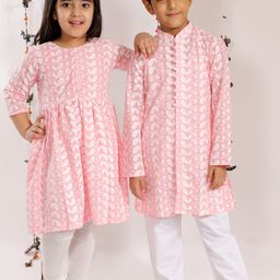 VASTRAMAY Girls Pink & White Pure Cotton Anarkali Kurti and Leggings-image-32