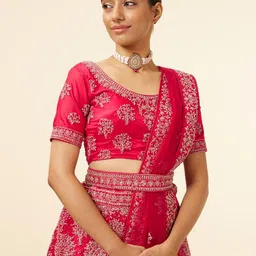 MOHEY Embroidered Zari Net Semi-Stitched Lehenga & Unstitched Blouse With Dupatta & Belt image 3