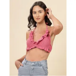 Velvery Pink Halter Neck Frilled Neck Padded Bralette Top with Tie-Ups-picture-8
