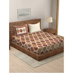Rajasthan Decor Beige Geometric Print Cotton King Size Bed sheet with 2 Pillow Covers Multi Color-picture-28