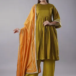 Utsav Fashion Three-Quarter Sleeves Chanderi Cotton Kurta With Palazzo With Dupatta-picture-20