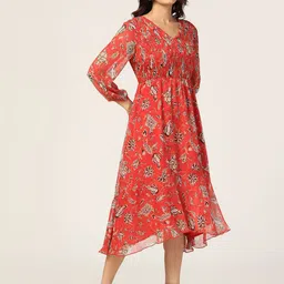 Mustard Floral Printed Puff Sleeve Chiffon Fit and Flare Midi Dress image 4
