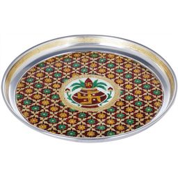 Exotic India Silver Toned & Green Puja Thali With Kalasha Pooja Essentials-image-66