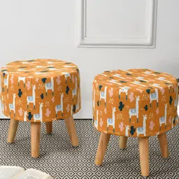 RIANCE CREATIONS Orange & White 2 Pieces Abstract Printed Round Ottoman-2