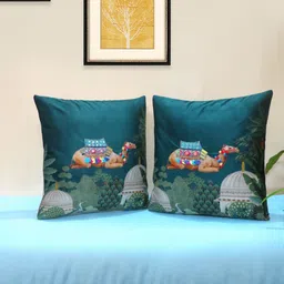 Mid July Home Teal & Brown Set of 2 Ethnic Motifs Velvet Square Cushion Covers-image-5