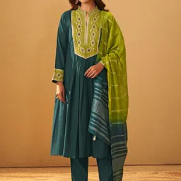 DRESOUL Embroidered Panelled Thread Work Raw Silk A-Line Kurta With Trousers & Dupatta-picture-16