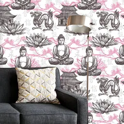 ArtzFolio Printed UV-Resistant Anti-Bacterial Pagoda Building Lotus Flower Dragon Asian Pattern Peel & Stick Wallpaper-14