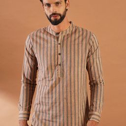 JAYPORE Striped Band Collar Pure Cotton Straight Kurta-image-43