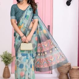 vj fashion Green Linen Blend Printed Sarees-33