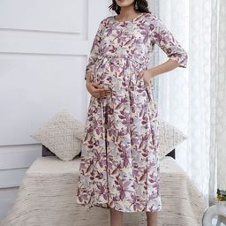 Nayo Floral Print Maternity Fit & Flare Midi Dress-image-82