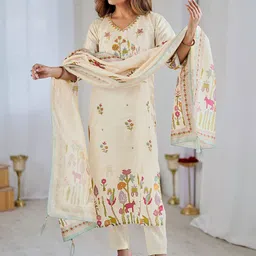 KALINI Floral Printed Beads And Stones V-Neck Art Silk Kurta With Trousers & Dupatta-picture-45