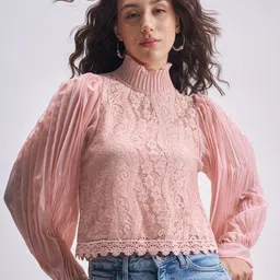 ESPYR By Tokyo Talkies Women Self Design Lace High Neck Cuffed Sleeves Top-picture-5