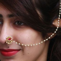 NIKYANKA Brass-Plated Artificial Stones Studded And Beaded Ring Nosepin-11