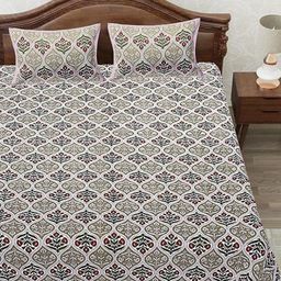 FABRICRAJA Brown & Green Ethnic Motifs 180 TC King Bedsheet with 2 Pillow Covers-image-82