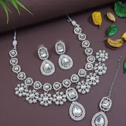 I Jewels Sliver-Plated Kundan-Studded Necklace & Earrings With Maang Tika-33