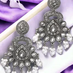 Sangria Artificial Stones Studded & Pearls Beaded Oxidised Contemporary Drop Earrings-8