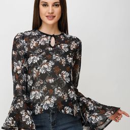 Moda Rapido Floral Print Keyhole Neck Bell Sleeve Georgette Top-image-9
