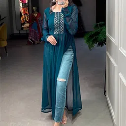 KRULRIN Embellished Sequinned Georgette Kurta-image-38