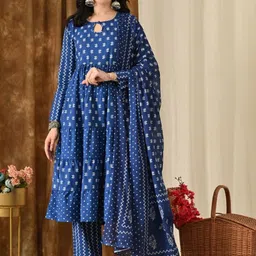 HERE&NOW Women Ethnic Motifs Printed Cotton Kurta & Trousers With Dupatta-picture-32
