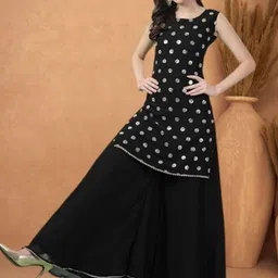 PARROT CREATION Geometric Embroidered Georgette Straight Kurti With Sharara & Dupatta image 3