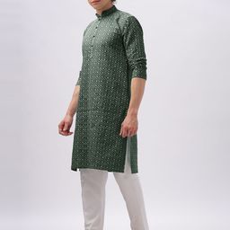 Anouk Green Floral Embroidered Mandarin Collar Cotton Straight Kurta-11