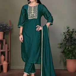 SUNDARNAARI Women Embroidered Regular Kurta with Trousers & With Dupatta-image-83